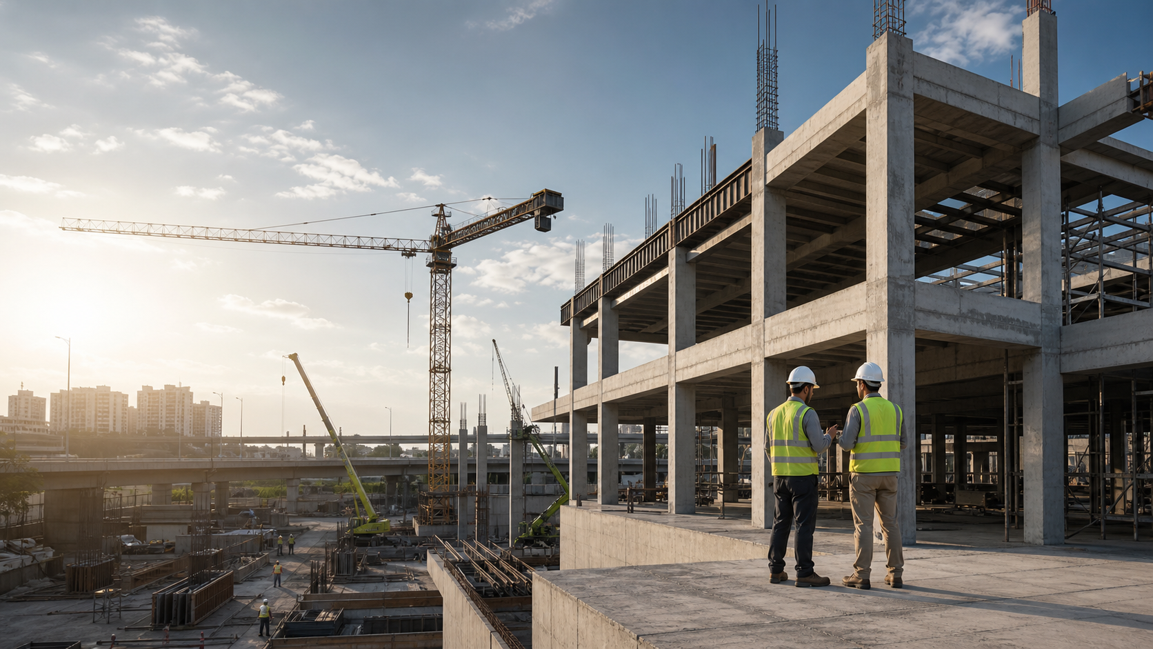 Obra civil em execução com estrutura de concreto e equipe técnica